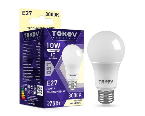 Лампа светодиодная 10Вт А60 3000К Е27 176-264В TOKOV ELECTRIC TKE-A60-E27-10-3K