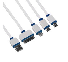 USB кабель LP 4 в 1 для подзарядки для Apple 8 pin, 30 pin, MicroUSB, MiniUSB плоский белый, синий