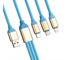 USB кабель LP 3 в 1 для подзарядки для Apple 8 pin, MicroUSB, USB Type-C силиконовый голубой, европакет