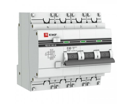 Выключатель автоматический дифференциального тока 4п C 63А 30мА тип AC 4.5кА АД-32 защита 270В электрон. PROxima EKF DA32-63-30-4P-pro