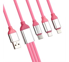 USB кабель LP 3 в 1 для подзарядки для Apple 8 pin, MicroUSB, USB Type-C силиконовый розовый, европакет