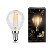 Лампа светодиодная филаментная Filament 11Вт шар 2700К тепл. бел. E14 720лм GAUSS 105801111