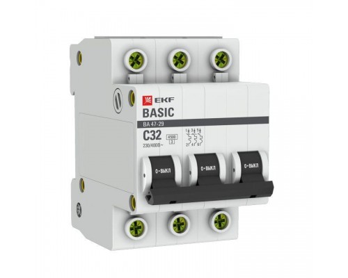 Выключатель автоматический модульный 3п C 32А 4.5кА ВА 47-29 Basic EKF mcb4729-3-32C