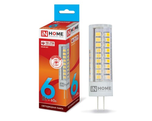 Лампа светодиодная LED-JCD 6Вт 4000К нейтр. бел. G4 570лм 230В IN HOME 4690612036144