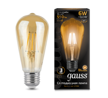 Лампа светодиодная филаментная Filament 6Вт ST64 2400К тепл. бел. E27 550лм golden GAUSS 102802006