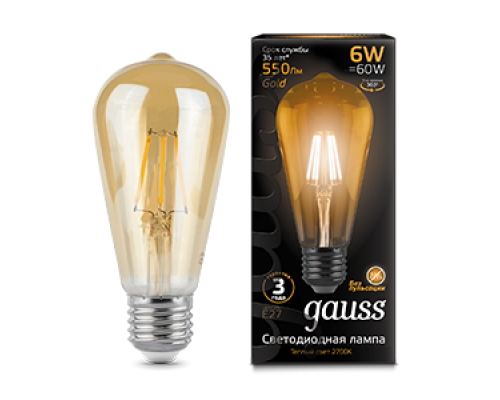 Лампа светодиодная филаментная Filament 6Вт ST64 2400К тепл. бел. E27 550лм golden GAUSS 102802006