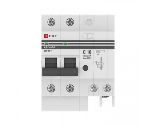 Выключатель автоматический дифференциального тока 2п 4мод. C 10А 30мА тип AC 4.5кА АД-2 PROxima EKF DA2-10-30-pro