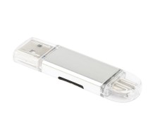 OTG 3 в 1 для Apple 8 pin, USB Type-C, Micro USB на Micro SD картридер серебро, коробка