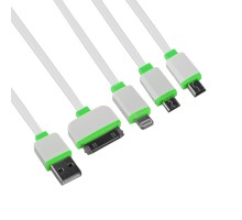 USB кабель "LP" 4 в 1 для Apple 8 pin/30 pin/MicroUSB/MiniUSB плоский (белый/зеленый)