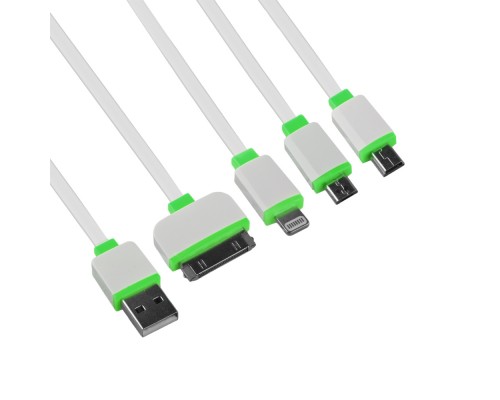 USB кабель "LP" 4 в 1 для Apple 8 pin/30 pin/MicroUSB/MiniUSB плоский (белый/зеленый)