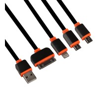 USB кабель "LP" 4 в 1 для Apple 8 pin/30 pin/MicroUSB/MiniUSB плоский (черный/оранжевый)