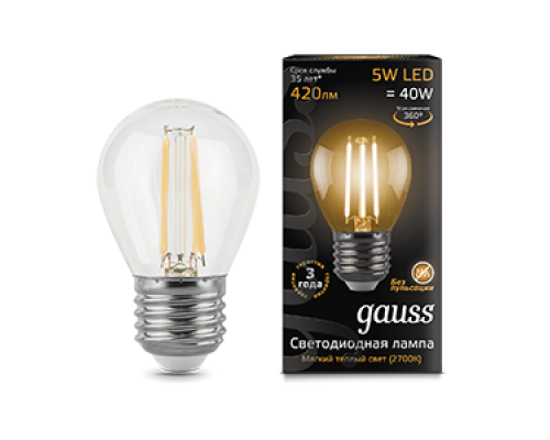 Лампа светодиодная филаментная Filament 5Вт шар 2700К тепл. бел. E27 420лм GAUSS 105802105